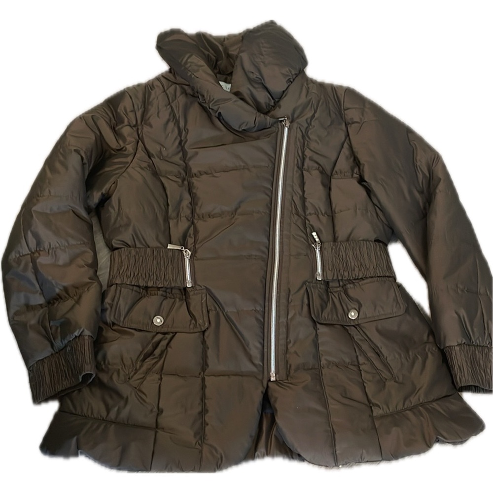 CLEO Brown Quilted Mid length With attached belt and funnel collar.
